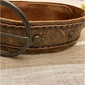 Fossil Brown Embossed Leather Belt with Round Brass Buckle